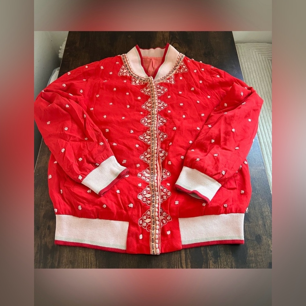 Anthropologie Conditions Apply Arabella Bomber Jacket Embroidered in Red Size L - Picture 3 of 13
